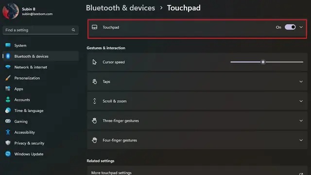 برای ریست کردن TouchPad به Settings -> Bluetooth & devices -> Touchpad بروید و گزینه Touchpad را باز نمایید.